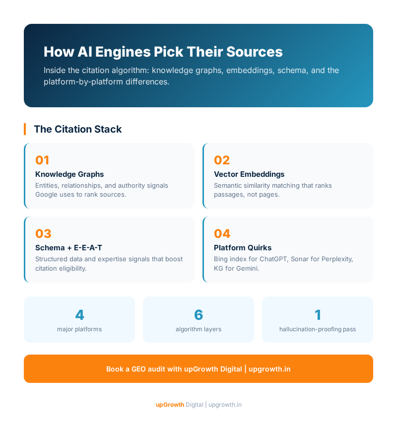 The Citation Algorithm: How ChatGPT, Perplexity, Gemini, and AI Overviews Actually Pick Sources in 2026 - upGrowth Digital infographic